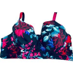 Torrid Swim Top Womens 4 DD/F Black Floral Underwire Bikini Bustier Plus Size